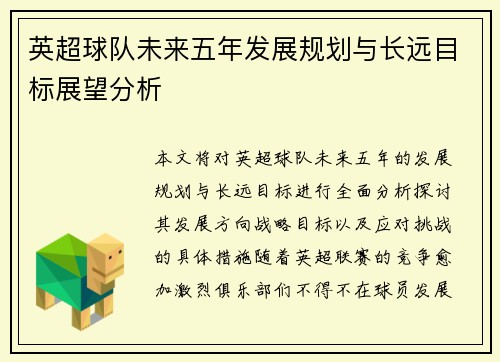 英超球队未来五年发展规划与长远目标展望分析