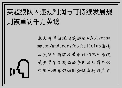 英超狼队因违规利润与可持续发展规则被重罚千万英镑