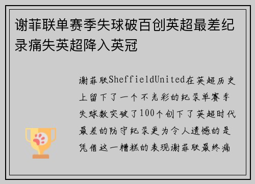 谢菲联单赛季失球破百创英超最差纪录痛失英超降入英冠